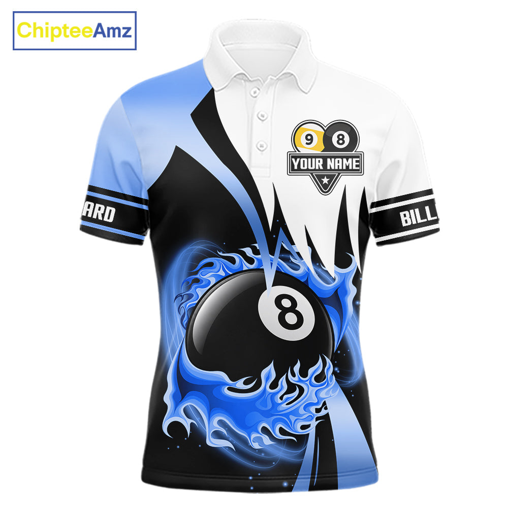 Custom Flame 8 Ball & 9 Ball Billiard Shirt For Men, Pool Team Jersey Polo & Quarter Zip |Blue TDM6540