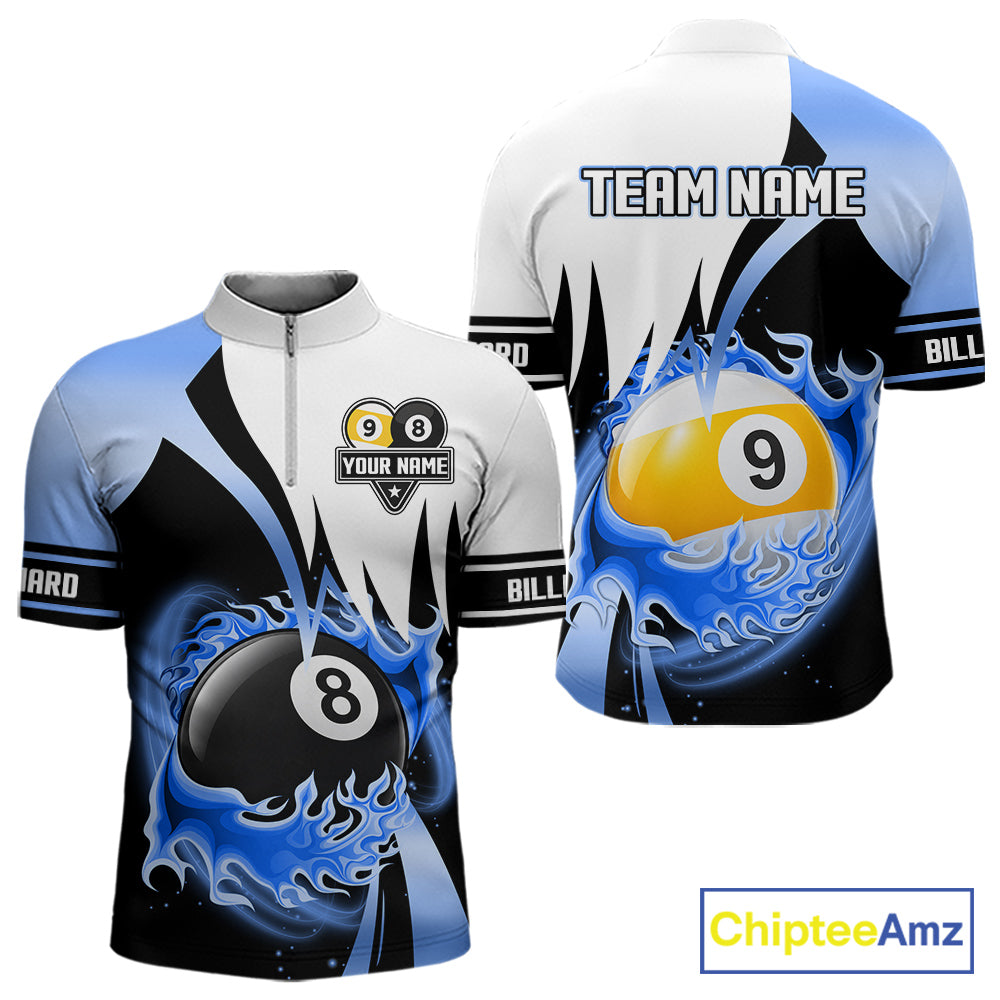 Custom Flame 8 Ball & 9 Ball Billiard Shirt For Men, Pool Team Jersey Polo & Quarter Zip |Blue TDM6540