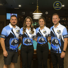 Load image into Gallery viewer, Custom Flame 8 Ball &amp; 9 Ball Billiard Shirt For Women, Pool Team Jersey Polo &amp; Quarter Zip |Blue TDM6540