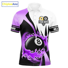 Load image into Gallery viewer, Custom Flame 8 Ball &amp; 9 Ball Billiard Shirt For Men, Pool Team Jersey Polo &amp; Quarter Zip |Purple TDM6541