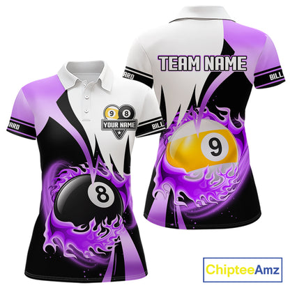 Custom Flame 8 Ball & 9 Ball Billiard Shirt For Women, Pool Team Jersey Polo & Quarter Zip |Purple TDM6541