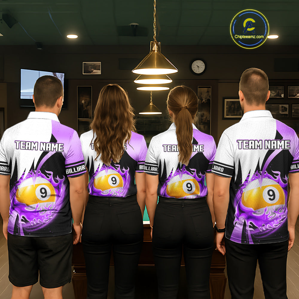 Custom Flame 8 Ball & 9 Ball Billiard Shirt For Women, Pool Team Jersey Polo & Quarter Zip |Purple TDM6541