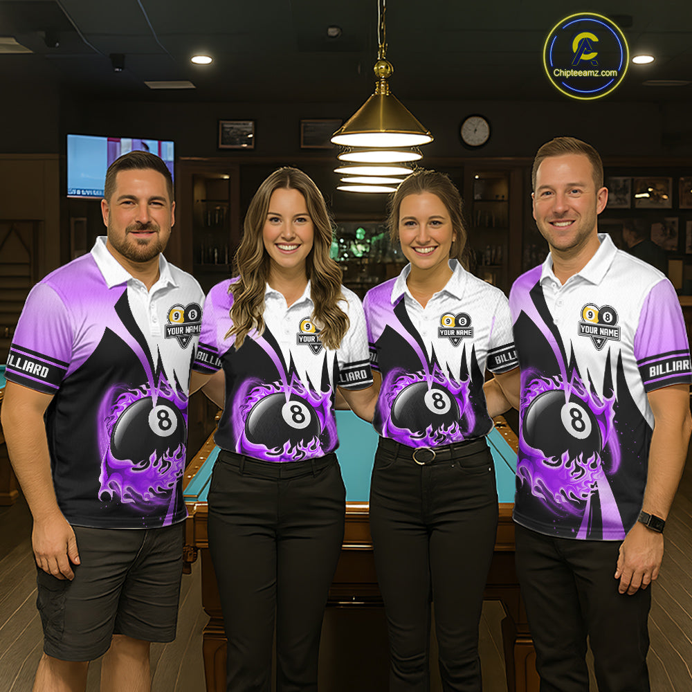 Custom Flame 8 Ball & 9 Ball Billiard Shirt For Women, Pool Team Jersey Polo & Quarter Zip |Purple TDM6541