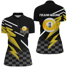 Load image into Gallery viewer, Personalized 9 Ball Pool Tournament Billiards Shirts For Women, Yellow Black 9 Ball Billiard Jerseys TDM1837