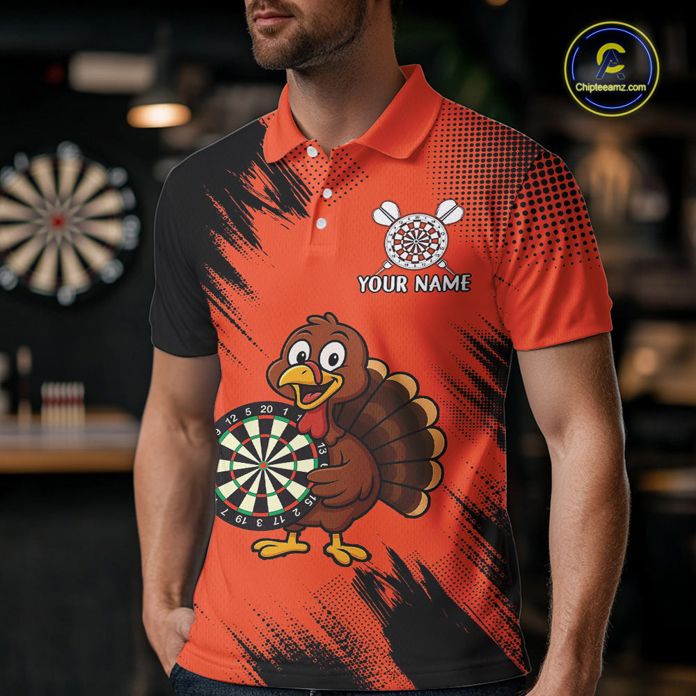 Custom Orange Funny Turkey Darts Shirt For Men, Thanksgiving Darts Team Jersey Polo & 1/4 Zip TDM4803