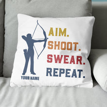 Load image into Gallery viewer, Funny Vintage Archery Aim Shoot Swear Repeat Custom Name White Pillow TDM0756