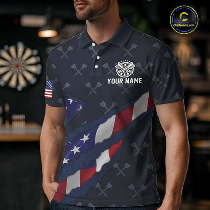 Navy Blue American Flag Darts Shirt For Men Custom Darts Polo & 1/4 Zip, Patriotic Darts Jersey TDM5954