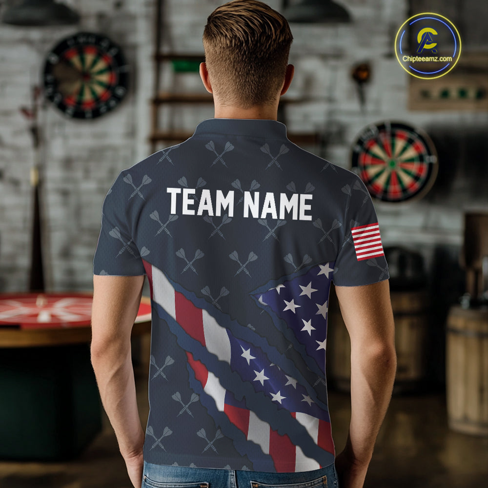 Navy Blue American Flag Darts Shirt For Men Custom Darts Polo & 1/4 Zip, Patriotic Darts Jersey TDM5954