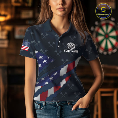 Navy Blue American Flag Darts Shirt For Women Custom Darts Polo & 1/4 Zip, Patriotic Darts Jersey TDM5954