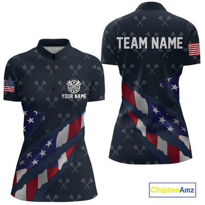 Navy Blue American Flag Darts Shirt For Women Custom Darts Polo & 1/4 Zip, Patriotic Darts Jersey TDM5954