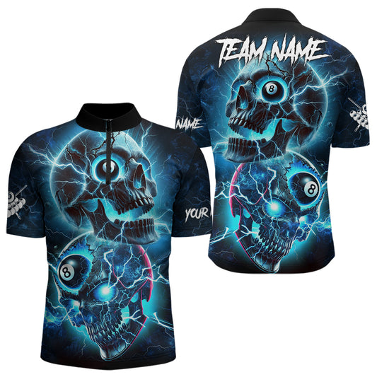 Personalized Blue Billiard 8 Ball Skull Billiard Polo & 1/4 Zip For Men, Lightning Billiard Jerseys TDM3747