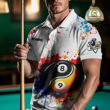 Funny Yin Yang 8 Ball & 9 Ball Colorful Splash Custom Men's Billiard Shirts, Pool Jerseys|White TDM4018