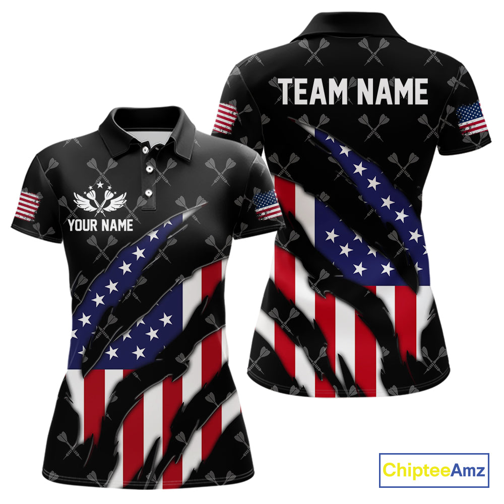 Personalized American Flag Patriotic Dart Shirts For Women – Darts Team Jerseys Polo & 1/4 Zip|Black TDM4025