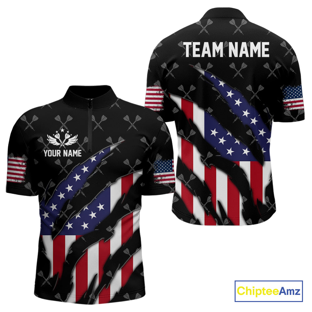 Personalized American Flag Patriotic Dart Shirts For Men – Darts Team Jerseys Polo & 1/4 Zip|Black TDM4025