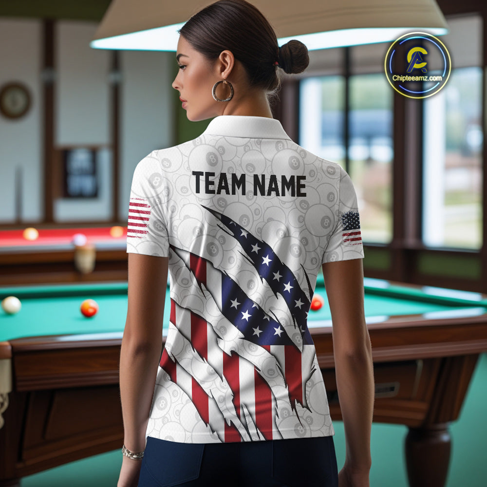 Personalized American Flag Billiard Shirts For Women, Patriotic 8 Ball Pool Team Jersey | White TDM4026