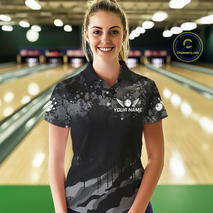 Personalized Grunge Camo Bowling Jersey For Women, Bowling League Team Shirts Polo & 1/4 Zip TDM6542