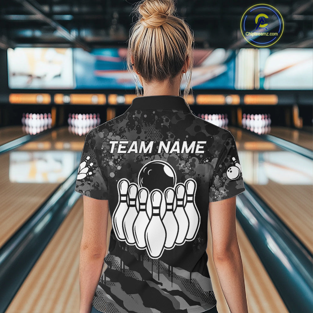 Personalized Grunge Camo Bowling Jersey For Women, Bowling League Team Shirts Polo & 1/4 Zip TDM6542