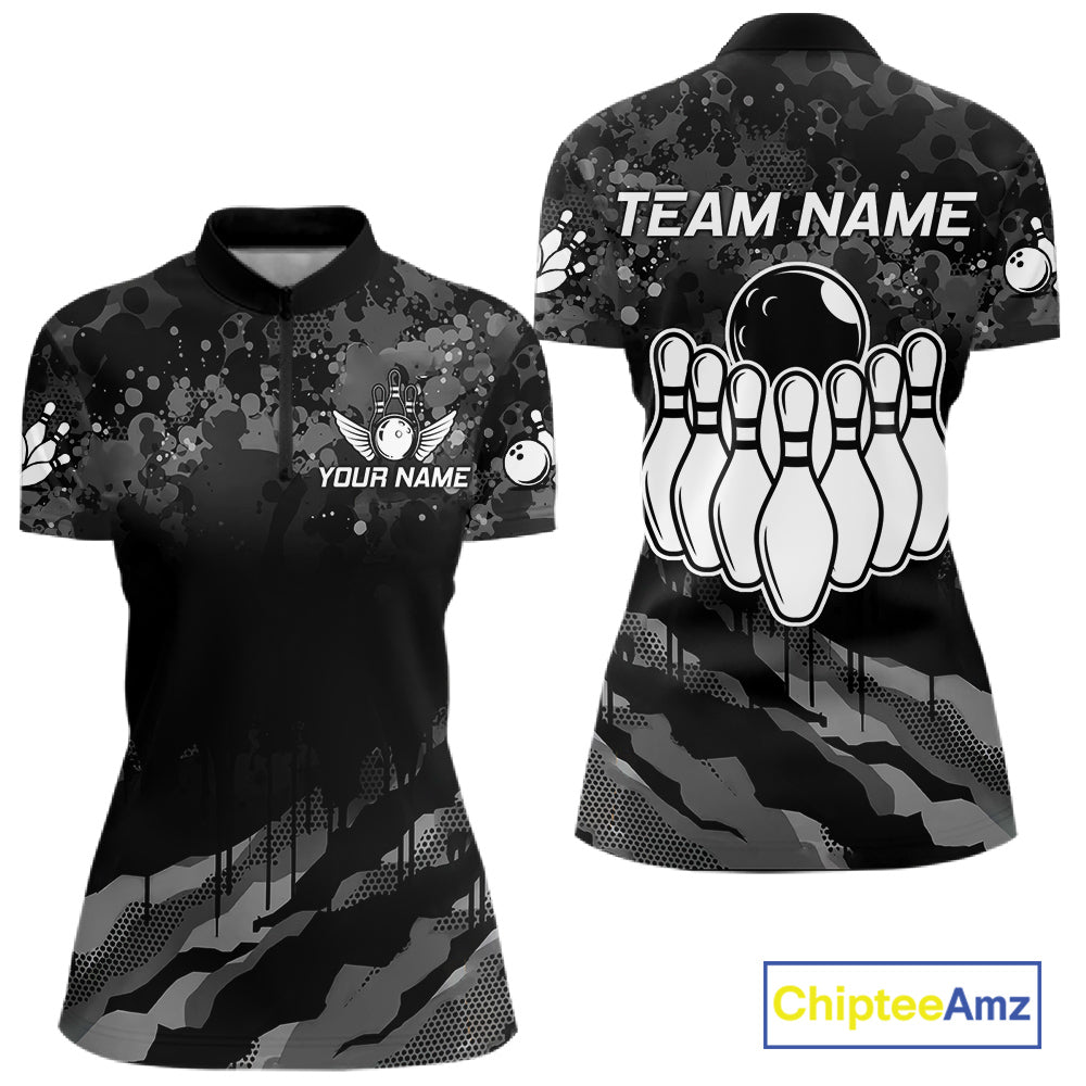 Personalized Grunge Camo Bowling Jersey For Women, Bowling League Team Shirts Polo & 1/4 Zip TDM6542