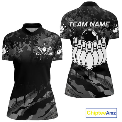 Personalized Grunge Camo Bowling Jersey For Women, Bowling League Team Shirts Polo & 1/4 Zip TDM6542