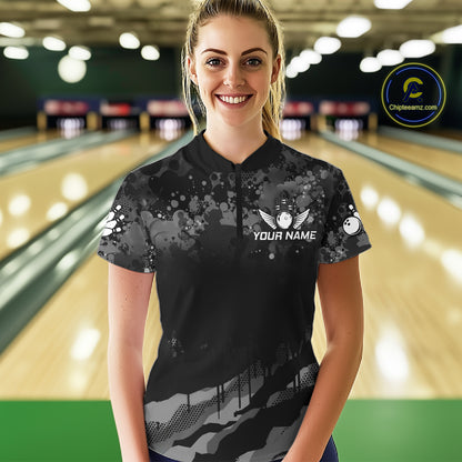 Personalized Grunge Camo Bowling Jersey For Women, Bowling League Team Shirts Polo & 1/4 Zip TDM6542