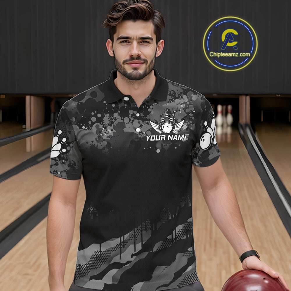 Custom Black And Grey Camo Bowling Shirt For Men, Grunge Bowling Team Jersey Polo & 1/4 Zip TDM6543