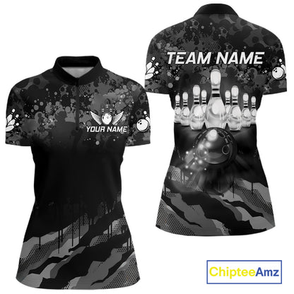 Custom Black And Grey Camo Bowling Shirt For Women, Grunge Bowling Team Jersey Polo & 1/4 Zip TDM6543