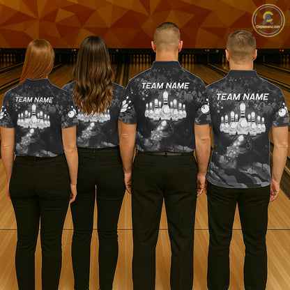 Custom Black And Grey Camo Bowling Shirt For Men, Grunge Bowling Team Jersey Polo & 1/4 Zip TDM6543
