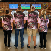 Load image into Gallery viewer, Back view of darts players wearing matching pink butterfly smoke darts shirts.