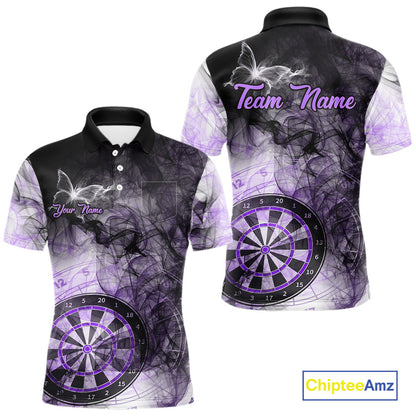 Purple butterfly smoke darts polo shirt with left chest pocket for men featuring custom darts team graphics.