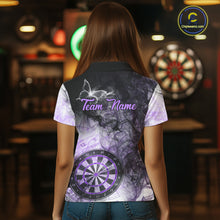 Load image into Gallery viewer, Back view of woman wearing a purple butterfly smoke darts shirt.