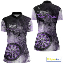 Load image into Gallery viewer, Purple butterfly smoke darts quarter zip shirt with left chest pocket for women featuring custom darts team graphics.