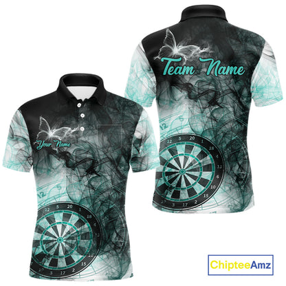 Turquoise butterfly smoke darts polo shirt with left chest pocket for men featuring custom darts team graphics.