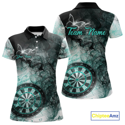 Turquoise butterfly smoke darts polo shirt for women with custom darts team graphics.