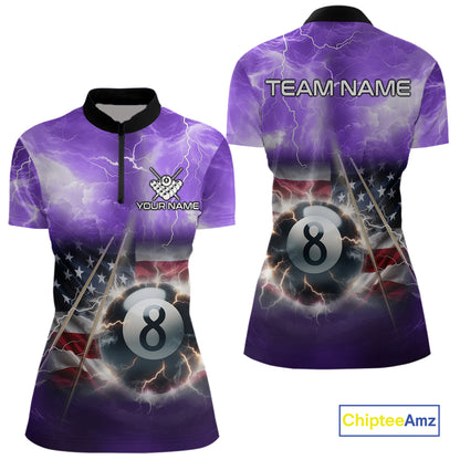 Purple American Flag Thunder Lightning 8 Ball Billiard Shirt For Women Custom Pool Team Jersey TDM4611