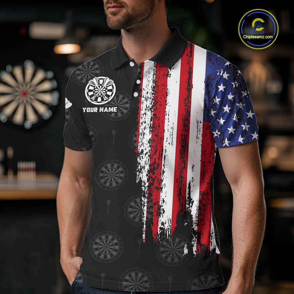 Personalized Grunge American Flag Dart Polo & Quarter Zip For Men Custom Patriotic Darts Jerseys TDM4618