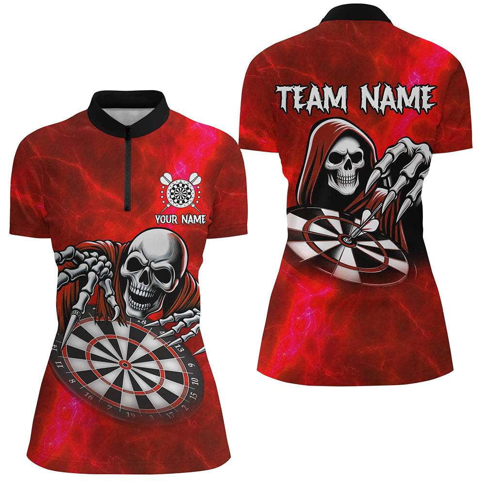 Grim Reaper Custom Red Dart Shirts For Women, Personalized Name 3D Skull Dart Team Jerseys TDM3019