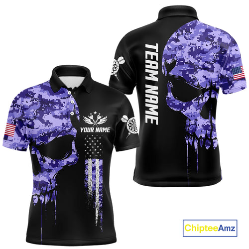 Purple Camouflage Skull Darts Shirt For Men Custom Patriotic US Flag Darts Jersey Polo & 1/4 Zip TDM5250