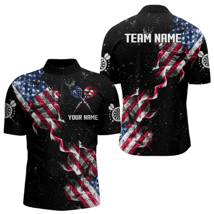 Customized Grunge US Flag Smoke Darts Polo & Quarter-Zip Shirts, Patriotic Darts Jerseys For Men TDM3455