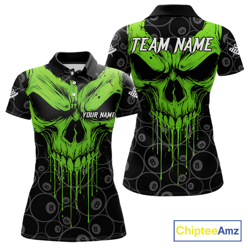 Personalized Skull 8 Ball Billiard Shirt For Women Custom Pool Team Jersey Polo & 1/4 Zip |Green TDM6361