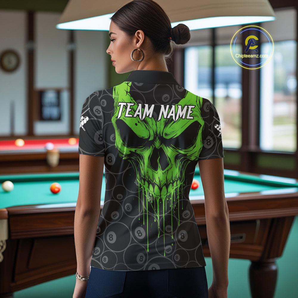 Personalized Skull 8 Ball Billiard Shirt For Women Custom Pool Team Jersey Polo & 1/4 Zip |Green TDM6361