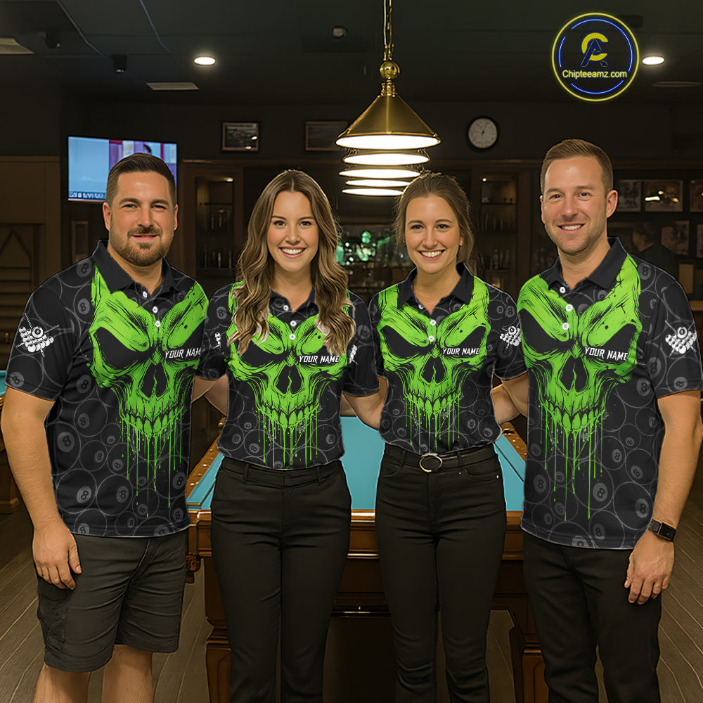 Personalized Skull 8 Ball Billiard Shirt For Women Custom Pool Team Jersey Polo & 1/4 Zip |Green TDM6361