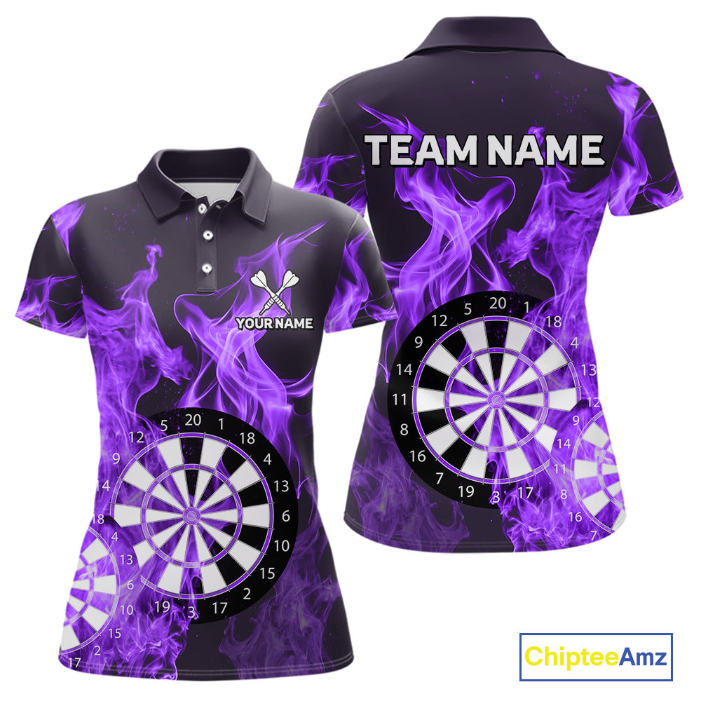 Purple Flaming Dartboard Darts Polo & Quarter Zip Custom Dart Shirts For Women Team Dart Jerseys TDM4230
