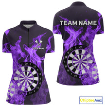 Load image into Gallery viewer, Purple Flaming Dartboard Darts Polo &amp; Quarter Zip Custom Dart Shirts For Women Team Dart Jerseys TDM4230
