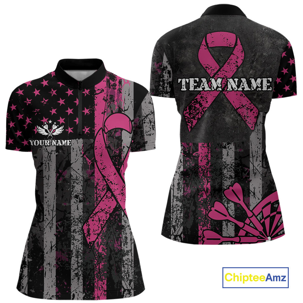 Custom Pink Ribbon Grunge American Flag Patriotic Darts Shirt For Women, Breast Cancer Darts Jersey TDM4623