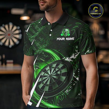 Green 3D Skull Darts Polo & 1/4 Zip For Men Custom Darts League Team Jersey, Best Darts Gifts TDM4829