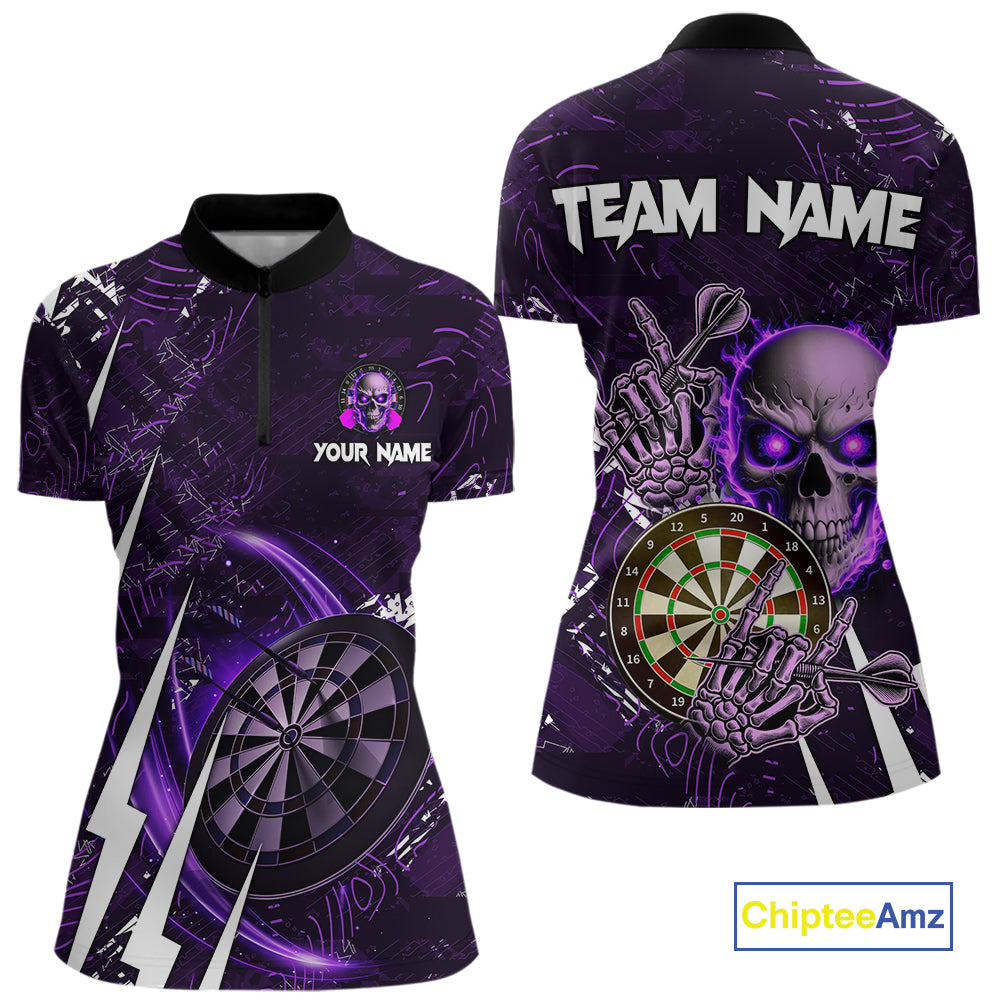 Purple 3D Skull Darts Polo & 1/4 Zip For Women Custom Darts League Team Jersey, Best Darts Gifts TDM4830