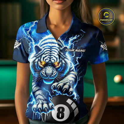 Personalized Thunder Lightning Tiger Billiard Shirt For Women Custom Blue Billiard TeamPool Jersey TDM3027