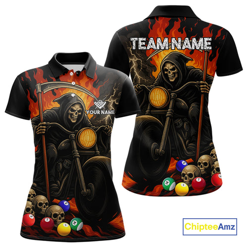 Personalized Grim Reaper Motorcycle Billiards Shirt For Women Custom Skull Billiard Team Jersey TDM5253