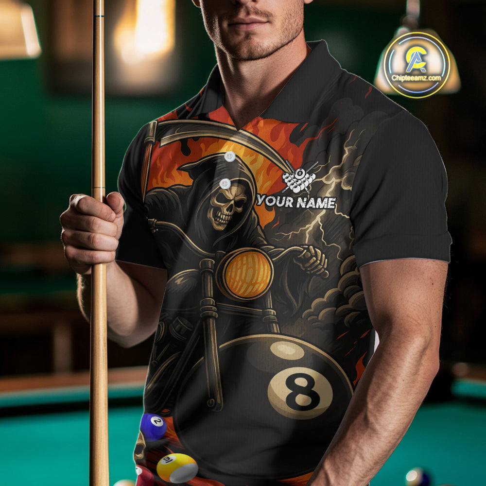 Personalized Grim Reaper Motorcycle Billiards Shirt For Men Custom Funny 8 Ball Pool Team Jersey TDM5263