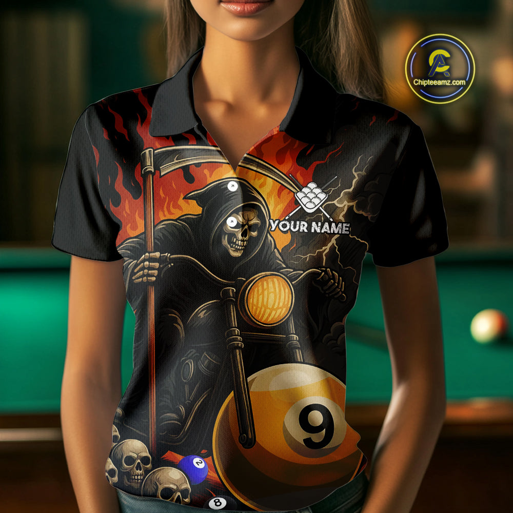 Personalized Grim Reaper Motorcycle Billiards Shirt For Women Custom Funny 9 Ball Pool Team Jersey TDM5264